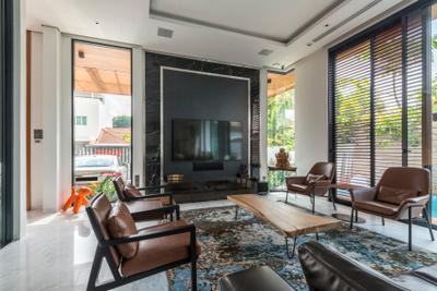 Huddington Avenue, 9 Creation, Modern, Contemporary, Living Room, Landed, Contemporary Living Room, Rug, Wooden Table, Wall Mounted Television, Television Console, Roll Up Down Curtain, Recessed Lights, Coffered Ceiling, White Marble Floor, Wooden Chair, Chair, Furniture, Indoors, Room, Bench