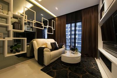 NV Residence (Block 8), Thom Signature Design, Contemporary, Living Room, Condo, Mirror Backdrop, Curtains, Rug, Brown Coffee Table, Display Cabinet, Sofa
