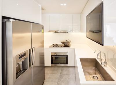 The Nautical, Absolook Interior Design, Modern, Minimalist, Kitchen, Condo, Ceramic Tiles, Recessed Lights, Hidden Interior Lights, Refrigerator, Oven, Wall Mounted Cabinet, White Cabinet, Indoors, Interior Design, Appliance, Electrical Device