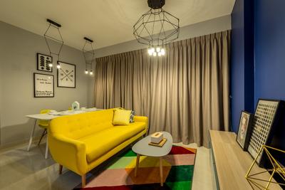 La Fiesta, Mr Shopper Studio, , Living Room, , Yellow Sofa, Colour Pop, Bright Colours, Pencil Legs, Caged Lamp, Area Rug, Geometric Rug, Wall Frames, Quirky Lights, Wall Decor, Cobalt Blue Walls, Cobalt, Curtains, Small Space, Compact Space, Couch, Furniture, Chair, Indoors, Room