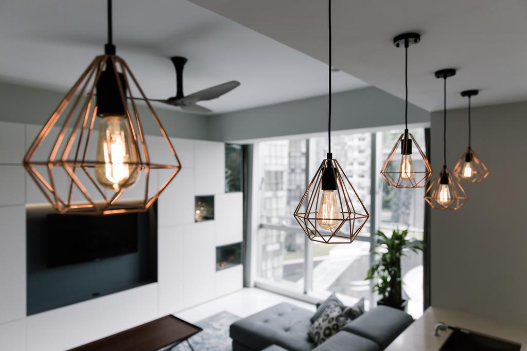 Contemporary, Condo, Kitchen, Reflections at Keppel Bay, Interior Designer, Schemacraft, Caged Lamps, Caged Lamp, Pendant Light, Exposed Bulb, Flora, Jar, Plant, Potted Plant, Pottery, Vase