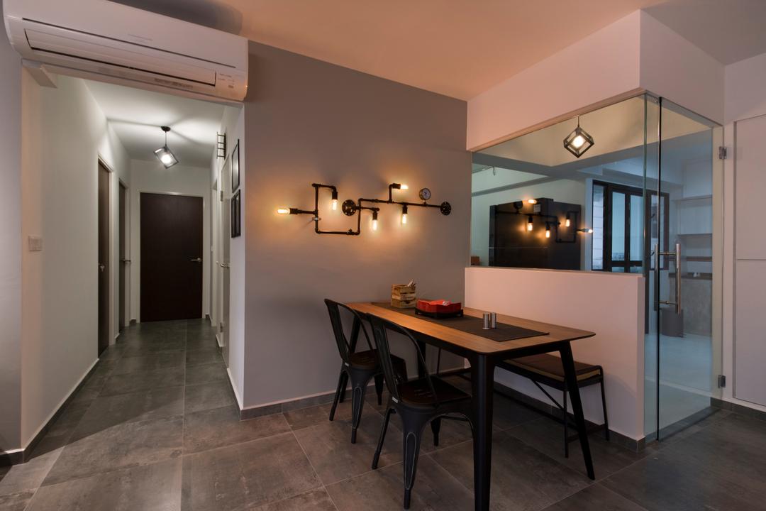 Segar Road (Block 549A), Aart Boxx Interior, Industrial, Dining Room, HDB, Glass Doors, Doors, Wall Adorned Lighting, Wall Mounted Lighting, Lighting, Rectangular Table, Table, Chairs, Dining Table, Furniture, Bench