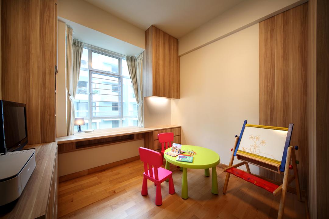 Aspen Loft, Design by Fifteen Pte Ltd, Contemporary, Study, Condo, Wooden Floor, Mini Red Study Chair, Mini Green Study Table, Sling Curtain, Kids Room, Modern Contemporary Study Room, Wall Mounted Wooden Desk, Chair, Furniture, Indoors, Room