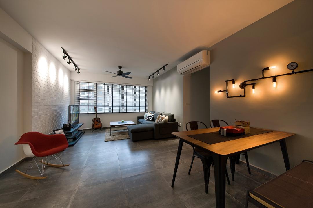 Segar Road (Block 549A), Aart Boxx Interior, Industrial, Living Room, HDB, Red Chair, Rocking Chair, Chair, Red, Wall Mounted Lighting, Lighting, Wooden Table, Table, Furniture, Flooring, Indoors, Room, Couch, Dining Room, Interior Design
