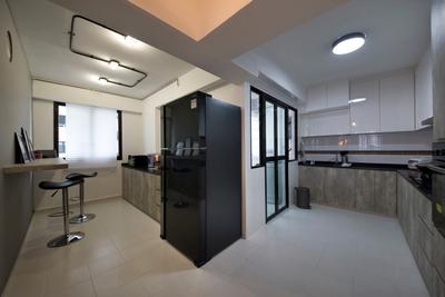 Segar Road (Block 549A), Aart Boxx Interior, Industrial, Kitchen, HDB, Ceiling Light, Lighting, Bar Stool, Bar Chairs, Chairs, White Cabinet, White, Wall Mounted Table, Table, Chair, Furniture, Building, Housing, Indoors, Loft