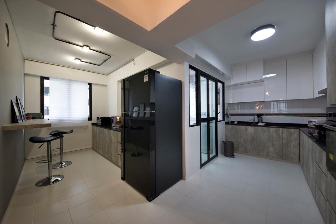 Segar Road (Block 549A), Aart Boxx Interior, Industrial, Kitchen, HDB, Ceiling Lighting, Lighting, Bar Stools, Bar Chairs, Chairs, White Cabinets, White, Wall Mounted Table, Table, Chair, Furniture, Building, Housing, Indoors, Loft