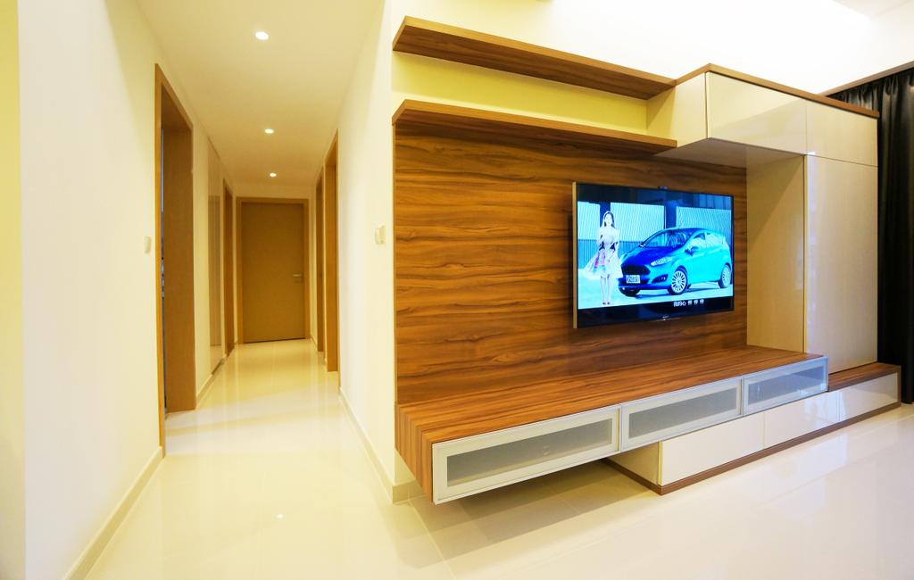 Modern, Condo, Living Room, Eight Courtyard (Canberra Road), Interior Designer, Space Atelier, Wall Mounted Tv Shelf, Wall Mounted Tv, Tv Console, Wooden Cabinets, Halway, Corridor, Electronics, Entertainment Center