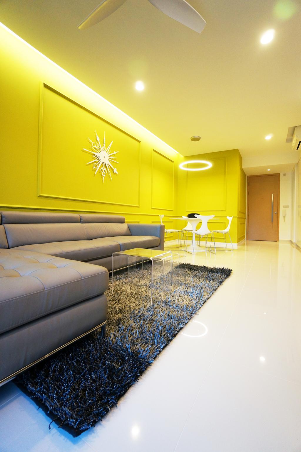 Modern, Condo, Living Room, Eight Courtyard (Canberra Road), Interior Designer, Space Atelier, Yellow Wall, L Shaped Sofa, Ghost Furniture, Brown Coffee Table, Rug, Clock, Chair, Furniture, Indoors, Room
