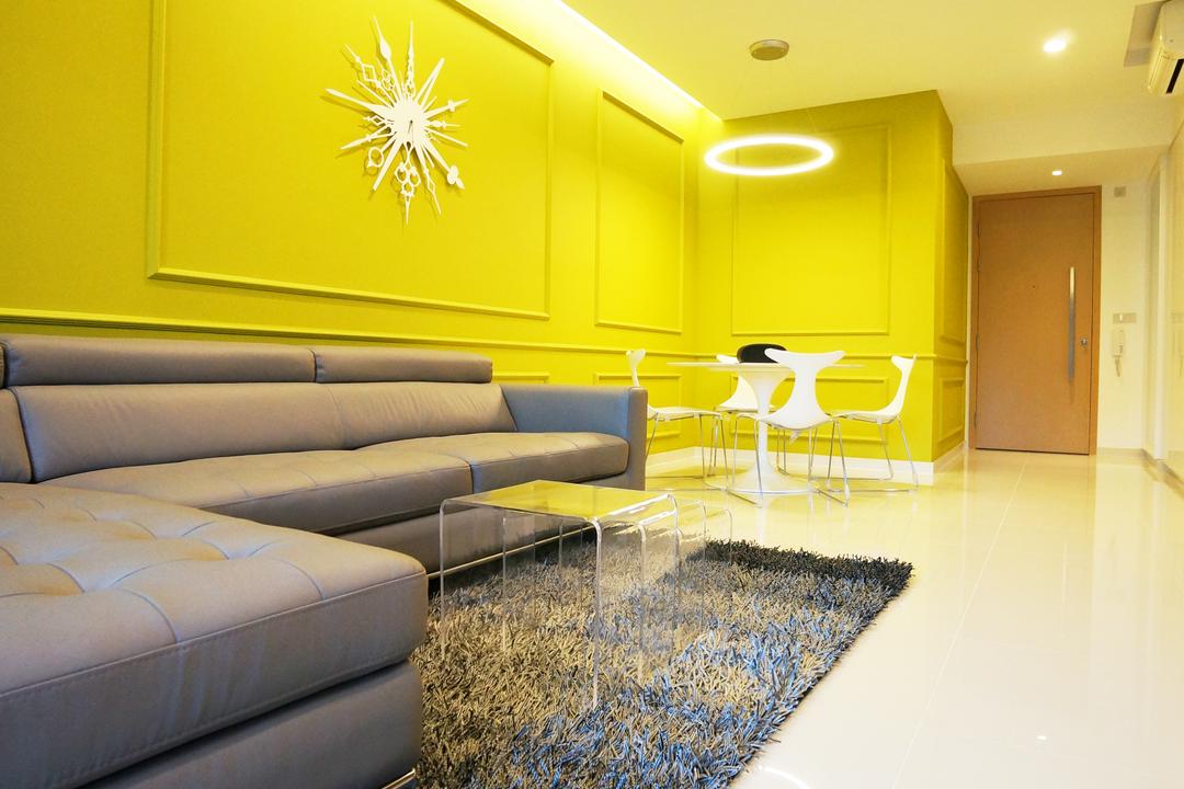 Eight Courtyard (Canberra Road), Space Atelier, Modern, Living Room, Condo, Yellow Wall, L Shaped Sofa, Ghost Furniture, Coffee Table, Rug, Clock, Chair, Furniture, Indoors, Room
