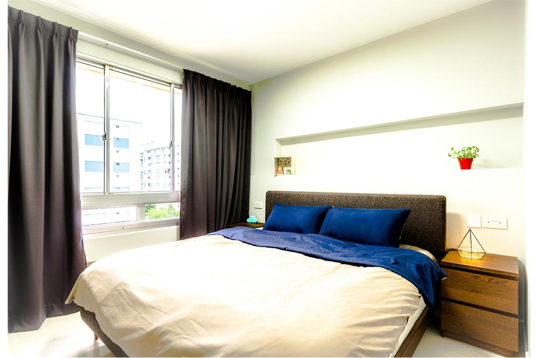 Tampines (Block 230), Faith Interior Design, Scandinavian, Bedroom, HDB, King Size Bed, Cozy, Cosy, Sling Curtain, Wooden Cabinet, Polar White Wall, Built In Shelve, White Ceramic Floor