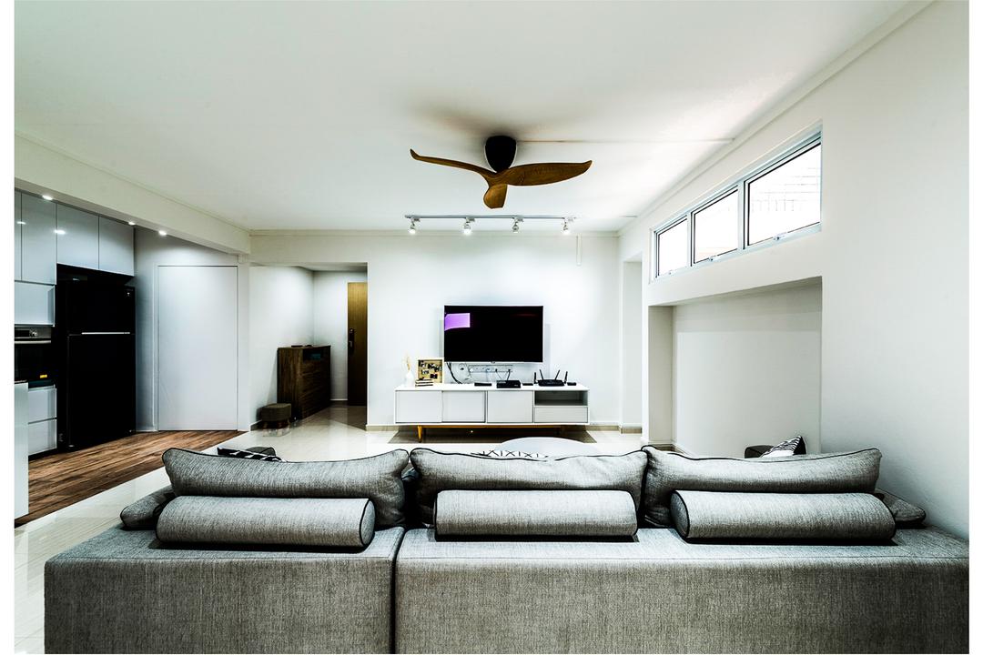 Tampines (Block 230), Faith Interior Design, Scandinavian, Living Room, HDB, Modern Contemporary Living Room, Ceiling Fan, Track Lights, Wooden Floor, Wall Mounted Television, Television Console, Window Panel