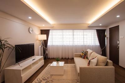 Saint George Road, Space Atelier, Modern, Living Room, HDB, Curtains, Floor Lamps, Tv Console, White Furniture, Cream Rug