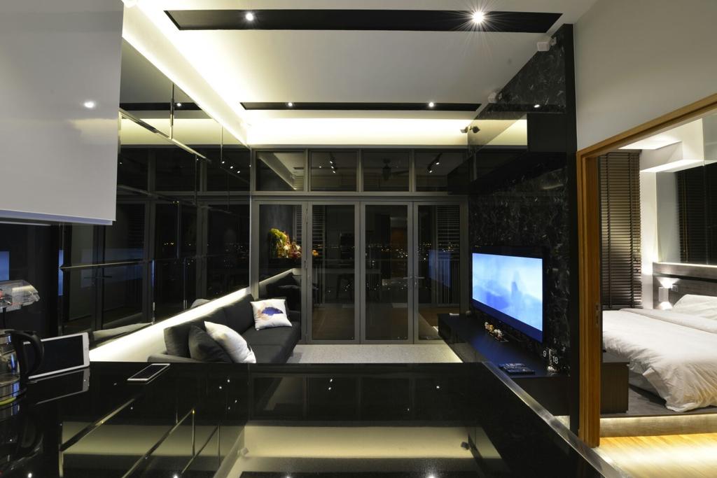 Contemporary, Condo, Living Room, Seahill, Interior Designer, Earth Interior Design, Monochrome, Recessed Lights, Wall Mounted Television, Floating Television Console, Black Sofa, Glass Panels, Contemporary Living Room, Bed, Furniture, Lighting