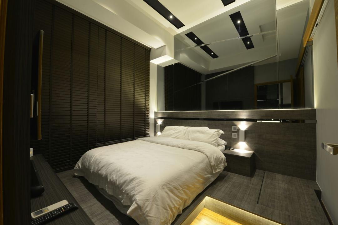Seahill, Earth Interior Design Pte Ltd, Contemporary, Bedroom, Condo, King Size Bed, Hidden Interior Lighting, Recessed Lights, Elevated Platform, Cozy, Cosy, Wooden Wardrobe, Wall Mounted Television, Modern Contemporary Bedroom, Bed, Furniture