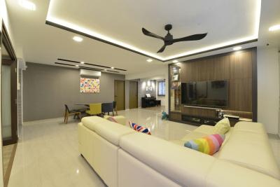 Serangoon, Earth Interior Design, Modern, Living Room, HDB, Sectional Sofa, Mini Ceiling Fan, Hidden Interior Lights, Recessed Lights, Wooden Panel, Contemporary Living Room, Wall Mounted Television, Wooden Television Console, Spacious, Couch, Furniture, Indoors, Interior Design, Room