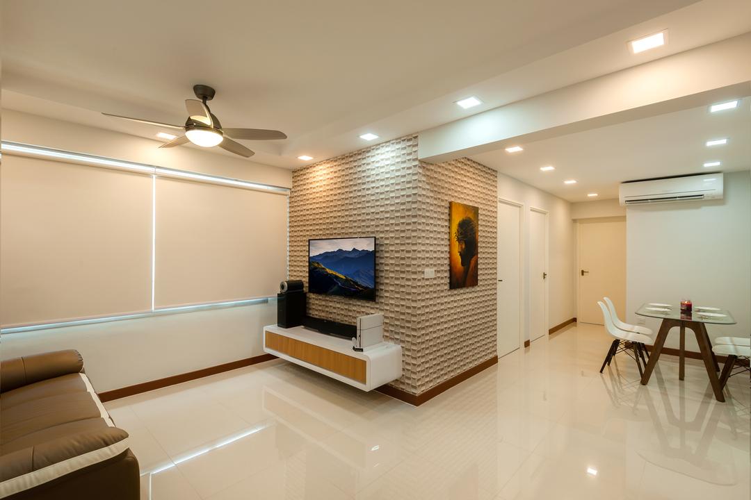 MacPherson Residency, Le Interi, Modern, Living Room, HDB, Modern Contemporary Living Room, Spacious, Armseat, Ceiling Fan, Roll Down Curtain, Recessed Lights, Wall Mounted Television, Floating Television Console, Dining Table, Furniture, Table