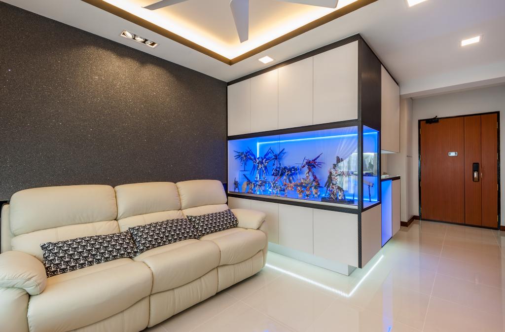 Eclectic, HDB, Living Room, Oleander Breeze, Interior Designer, Le Interi, Modern Contemporary Living Room, Wooden Door, Coffered Ceiling, Hidden Interior Lighting, Recessed Lights, Ceiling Fan, White Sofa, Spacious, Fish Tank, Couch, Furniture, Indoors, Interior Design
