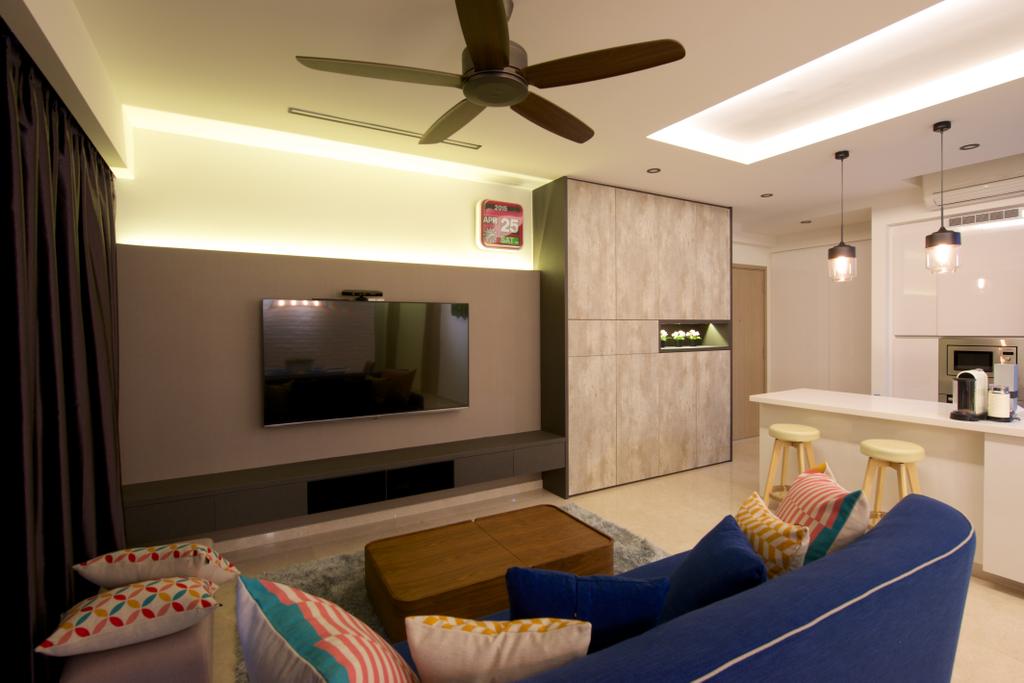 Contemporary, Condo, Living Room, Flamingo Valley (Block 478), Interior Designer, Dyel Design, Blue, Sofa, Coffee Table, Brown, Couch, Furniture