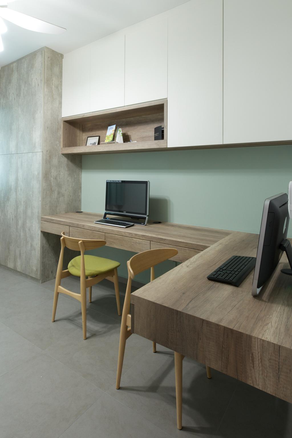 Minimalist, HDB, Study, Pasir Ris Street 51 (Block 524C), Interior Designer, Dyel Design, Wooden Table, Study Desk, Chairs, White, White Kitchen Cabinets, Wall Mounted Mirror, White Cabinet, Chair, Furniture, Plywood, Wood, Dining Table, Table