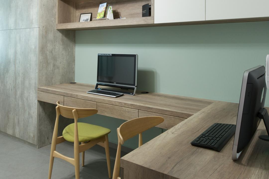Pasir Ris Street 51 (Block 524C), Dyel Design, Minimalist, Study, HDB, Wooden Table, Study Desk, Chairs, White, White Kitchen Cabinets, Wall Mounted Mirror, White Cabinet, Chair, Furniture, Plywood, Wood, Dining Table, Table