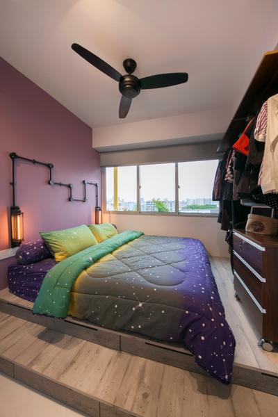 #1 Loft, Aart Boxx Interior, Industrial, Bedroom, Condo, Elevated Wooden Platform, Wooden Floor, Contemporary Bedroom, Mini Ceiling Fan, Wooden Wardrobe, Wooden Cabinets, King Size Bed, Roll Up Down Curtain, Platform Bed, HDB, Building, Housing, Indoors