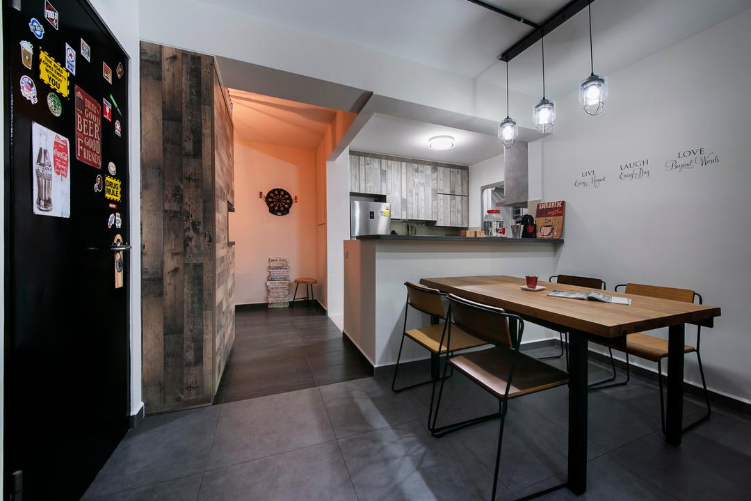 Woodlands Drive, Aart Boxx Interior, Industrial, Dining Room, HDB, Modern Contemporary Dining Room, Wooden Dining Table, Wooden Dining Chair, Hanging Lights, Kitchen Countertop, Dining Table, Furniture, Table, Label, Sticker, Text