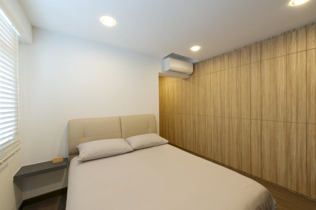 Scandinavian, HDB, Bedroom, Pasir Ris Street 51 (Block 526A), Interior Designer, Dyel Design, Wooden, Walls, White Blinds, Wooden Wall, Recessed Lights, Cushioned Headboard, White Wall, Bedside Table, Blinds, Indoors, Interior Design, Room, Banister, Handrail, Staircase
