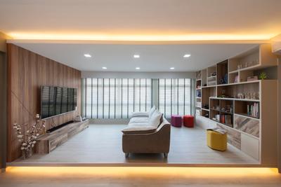 Punggol Drive (Block 663B), Aart Boxx Interior, Scandinavian, Living Room, HDB, Contemporary Living Room, Wooden Floor, Wooden Panel, Wooden Television Console, Wall Mounted Television, Recessed Lights, Hidden Interior Lights, Wooden Shelves, Elevated Wooden Platform, Indoors, Interior Design