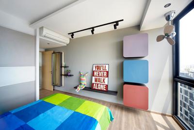 Rainforest, Notion of W, , Bedroom, , Contemporary Bedroom, Wooden Floor, Artsy, Colourful, Colourful Bed, Black Track Lights, Wall Mounted Wooden Shelves, Paint Container, Palette, Indoors, Interior Design