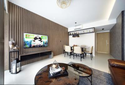 Twin Waterfalls, Notion of W, Contemporary, Modern, Living Room, Condo, Contemporary Living Room, Round Glass Table, Rug, Hidden Interior Lights, Wooden Panel, Wall Mounted Television, Floating Television Console, Mini Ceiling Fan, Dining Room, Indoors, Interior Design, Room, Furniture, Table