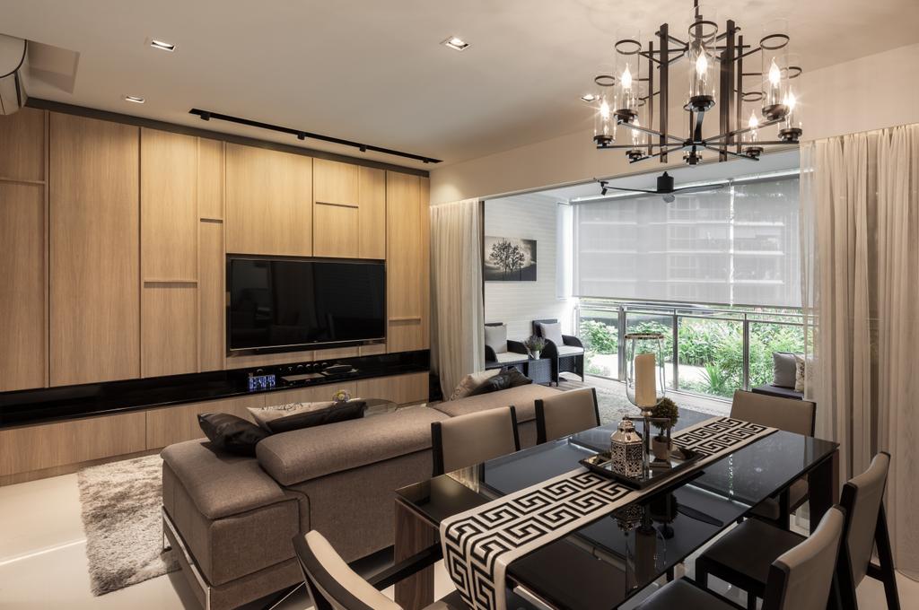 Modern, Condo, Living Room, Bartley Residence, Interior Designer, Posh Home, Contemporary Living Room, Wooden Panel, Roll Up Down Curtain, Chandelier, Rug, Wall Mounted Television, Floating Television Console, Recessed Lights, Couch, Furniture, Chair, Indoors, Interior Design