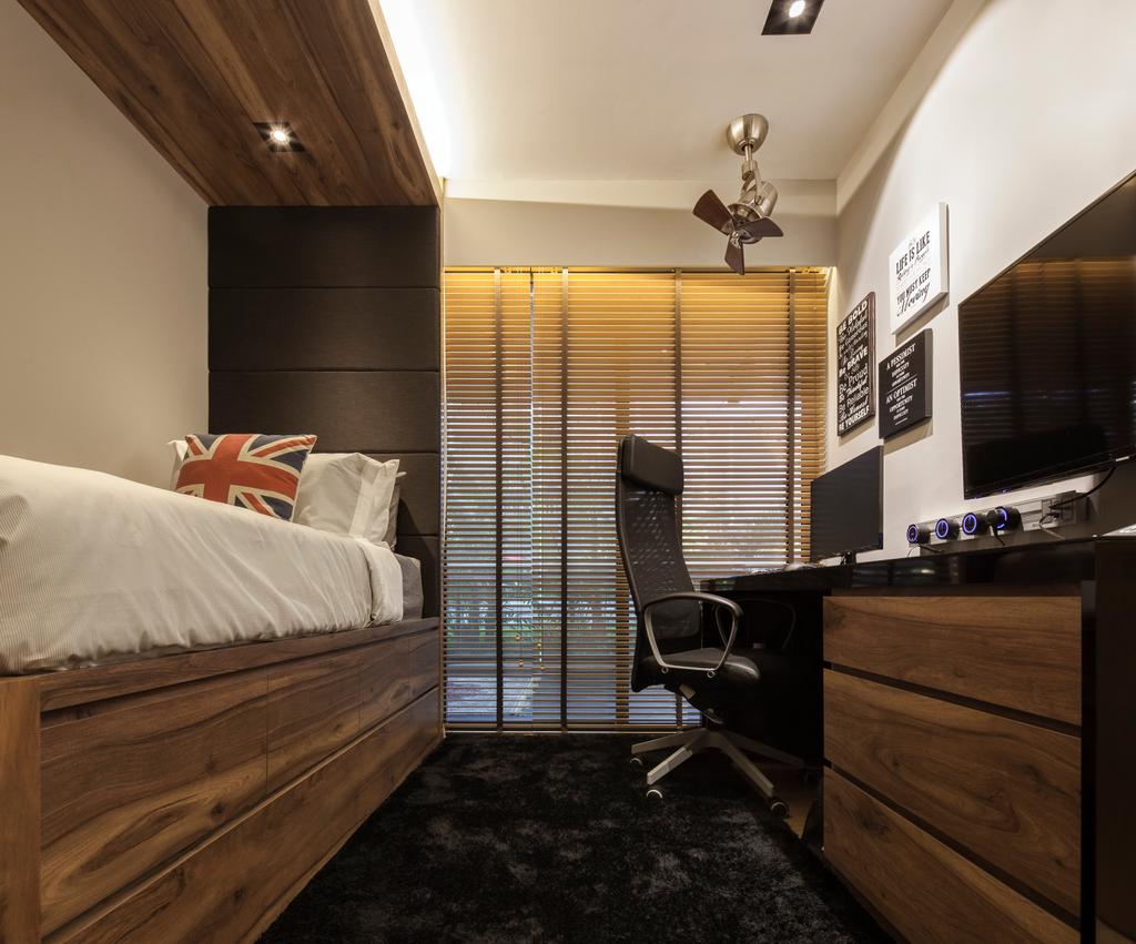 Modern, Condo, Bedroom, Parc Olympia, Interior Designer, Posh Home, High Back Study Desk, Wooden Bedding Panel, Wall Mounted Television, Recessed Lights, Hidden Interior Lights, Wooden Cabinets, Black Marble Floor, Black Laminated Top, Chair, Furniture, Bed