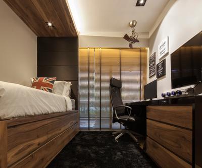 Parc Olympia, Posh Home, Modern, Bedroom, Condo, High Back Study Desk, Wooden Bedding Panel, Wall Mounted Television, Recessed Lights, Hidden Interior Lights, Wooden Cabinets, Black Marble Floor, Black Laminated Top, Chair, Furniture, Bed