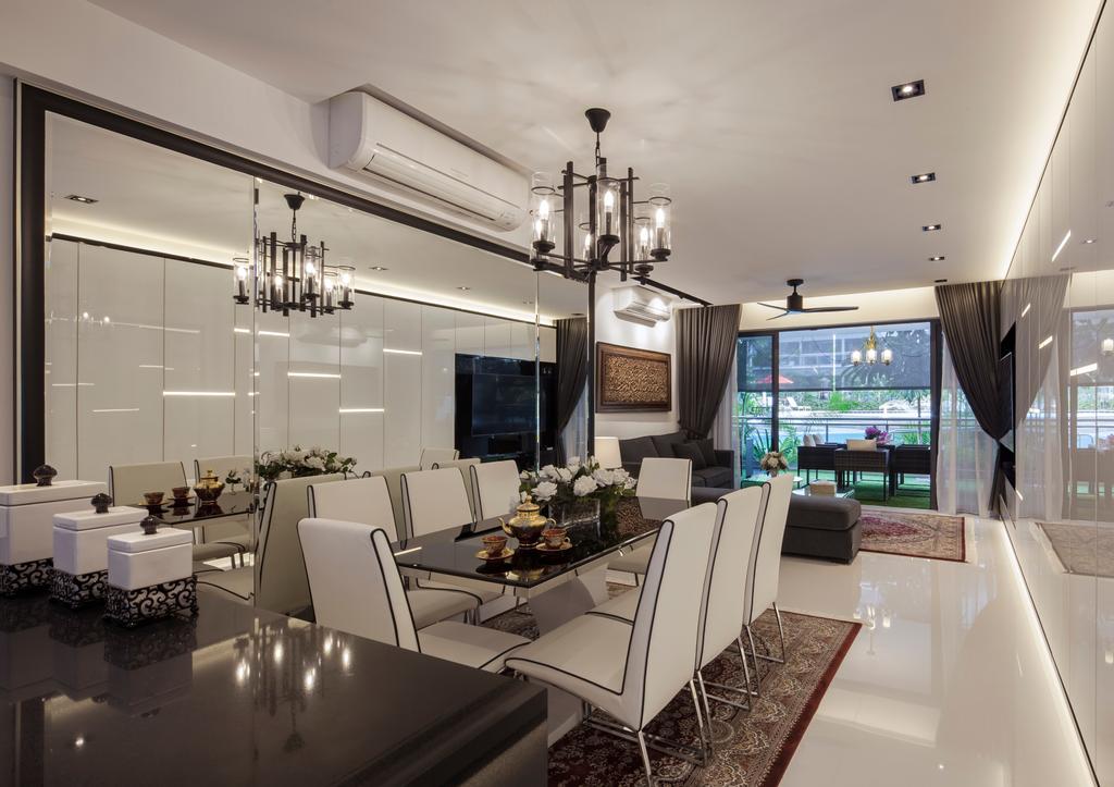 Modern, Condo, Dining Room, Parc Olympia, Interior Designer, Posh Home, Recessed Lights, Hidden Interior Lights, Rug, Black Marble Dining Tale, White Chair, White Dining Chair, Chandelier, Sling Curtain, Couch, Furniture, Window, Indoors, Interior Design, Room, Conference Room, Meeting Room
