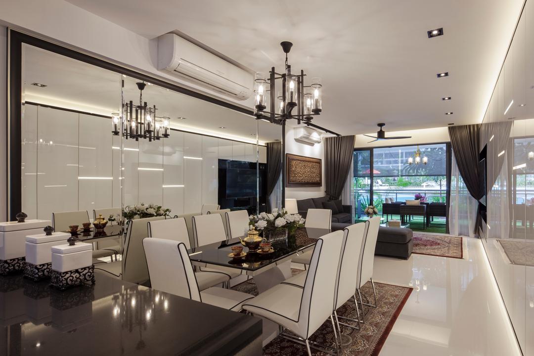 Parc Olympia, Posh Home, Modern, Dining Room, Condo, Recessed Lights, Hidden Interior Lights, Rug, Black Marble Dining Tale, White Chair, White Dining Chair, Chandelier, Sling Curtain, Couch, Furniture, Window, Indoors, Interior Design, Room, Conference Room, Meeting Room