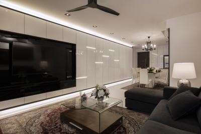 Parc Olympia, Posh Home, Modern, Living Room, Condo, Rug, Wall Mounted Television, Television Console, Mini Ceiling Fan, Recessed Lights, Hidden Interior Lights, Sectional Sofa, Contemporary Living Room, Couch, Furniture, Indoors, Interior Design, Room, Banister, Handrail, Lamp, Table Lamp