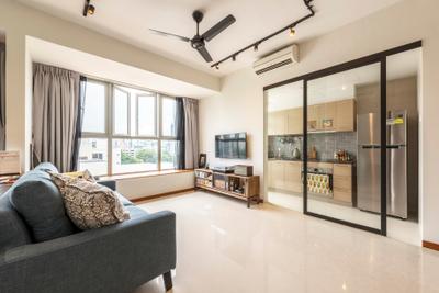 Balestier, Prozfile Design, Industrial, Eclectic, Living Room, HDB, Contemporary Living Room, Mini Ceiling Fan, Black Track Lights, Black Sofa, Sling Curtain, Spacious, Wall Mounted Television, Wooden Television Console, Glass Sliding Door, Indoors, Interior Design