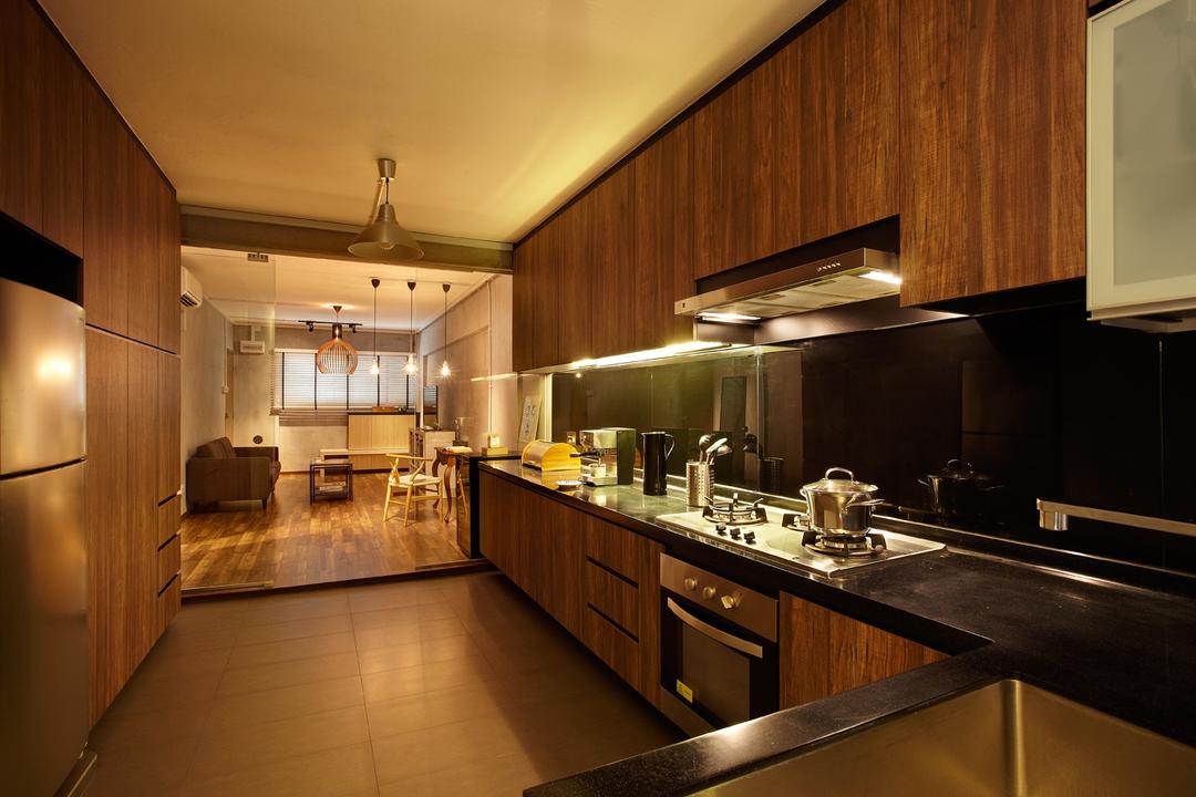 Bukit Purmei, D5 Studio Image, Industrial, Kitchen, HDB, Brown Cabinet, Laminated Cabinets, Black Kitchen Top, Cooker Hood, Cooking Hood, Indoors, Interior Design