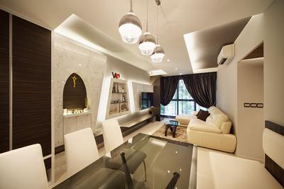 Prive, D5 Studio Image, Modern, Living Room, Condo, Pendant Lights, Concealed Lighting, Sofa, Tinted Table Top, White Chair, White Floor, Tv Feature Wall, Curtains, Fur Carpet, Feature Wall, Arch, Arched, Architecture, Building, Vault Ceiling, Indoors, Interior Design, Room, Couch, Furniture, Dining Room