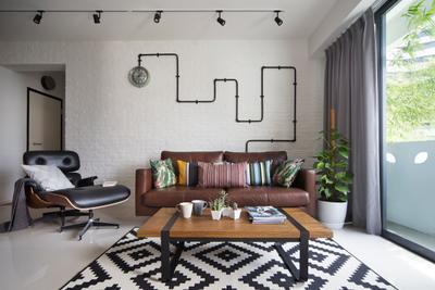 Punggol Walk, Fuse Concept, Scandinavian, Living Room, HDB, Contemporary Living Room, Black Track Lights, Sling Curtan, Brown Sofa, Lounge Chair, Patterned Rug, Wooden Table, Flora, Jar, Plant, Potted Plant, Pottery, Vase, Chair, Furniture, Home Decor, Linen, Tablecloth