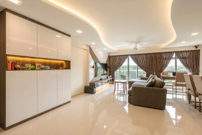Upper Serangoon View, 9 Creation, , , Living Room, , Contemporary Living Room, White Marble Floor, Recessed Lights, Hidden Interior Lights, Coffered Ceiling, Mini Ceiling Fan, Sling Curtain, Wall Mounted Television, Television Console, Brown Sectional Sofa, Built In Shelf, Spacious, Couch, Furniture, Indoors, Interior Design, Room
