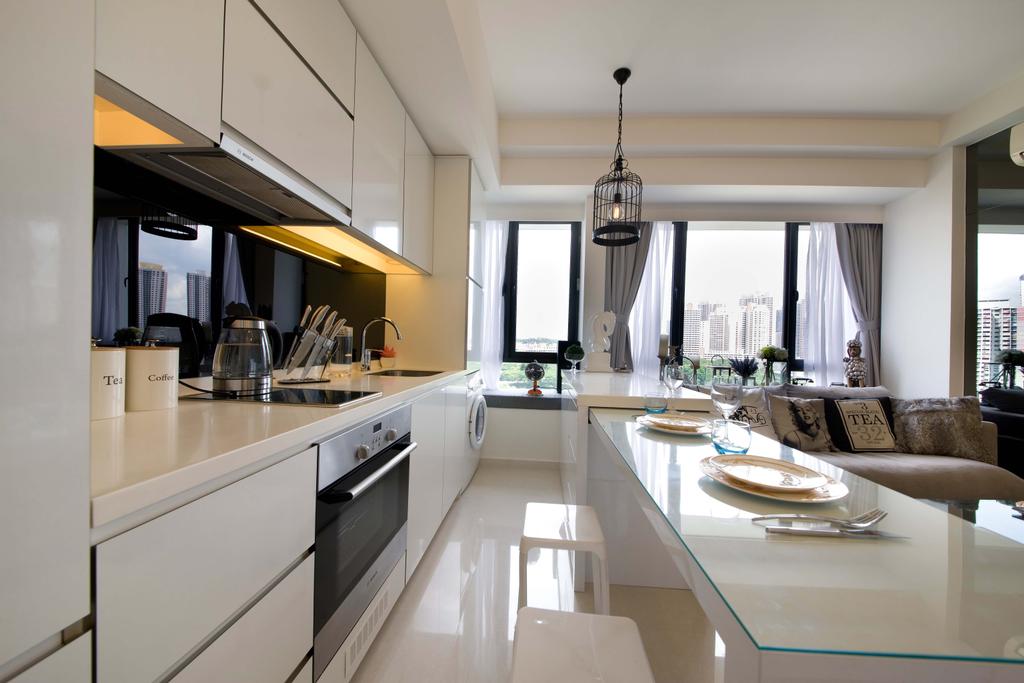 Contemporary, Condo, Kitchen, Casa Fortuna (Ah Hood Road), Interior Designer, Space Define Interior, Pendant Lighting, Birdcage, Pendant Lamp, Retractable Table, Dining Table, Glass Table Top, White Cabinets, White Drawers, Indoors, Interior Design, Dining Room, Room, Bathroom, Dish, Food, Meal, Plate