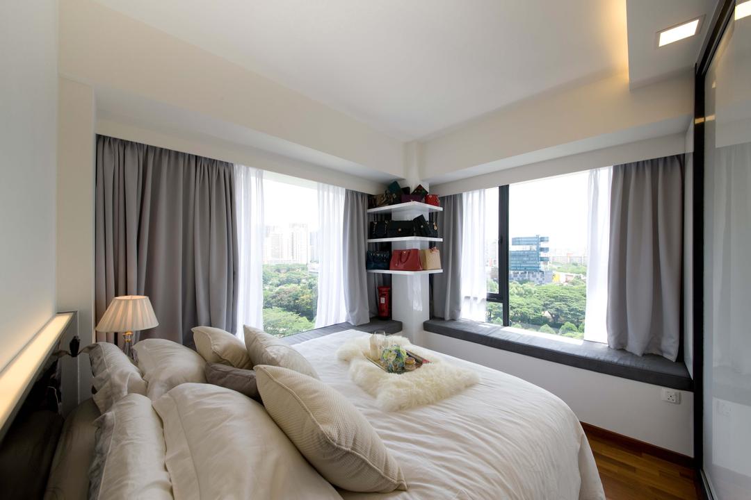 Casa Fortuna (Ah Hood Road), Space Define Interior, Contemporary, Bedroom, Condo, Curtains, Gray, Grey, Bedside Lamp, Bay Window Seats, Bay Window Benches, Laminate Flooring, Concealed Lighting, Bed Decor, Indoors, Interior Design, Room, Bed, Furniture