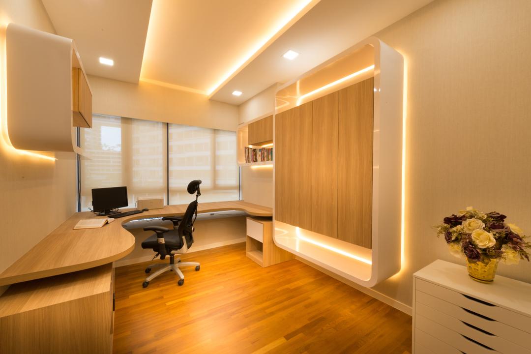 The Interlace, One Design Werkz, Modern, Study, Condo, Concealed Lighting, Recessed Lighting, White Drawer, Feature Wall, Laminate Wall, Laminate Flooring, Blinds, Wall Mounted Shelf, Open Shelf, Curve Table, Study Desk, Study Chair, Swivel Chair