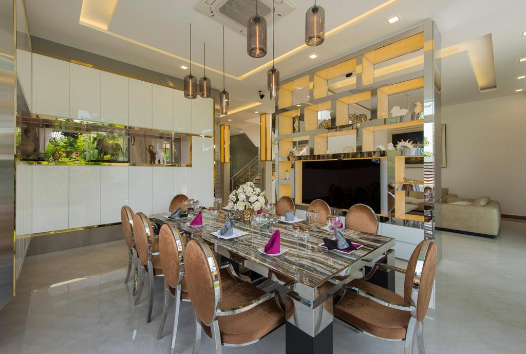 Traditional, Landed, Dining Room, Loyang Place, Interior Designer, One Design Werkz, Pendent Lighting, Dining Table And Chairs, White Cabinets, Display Shelf