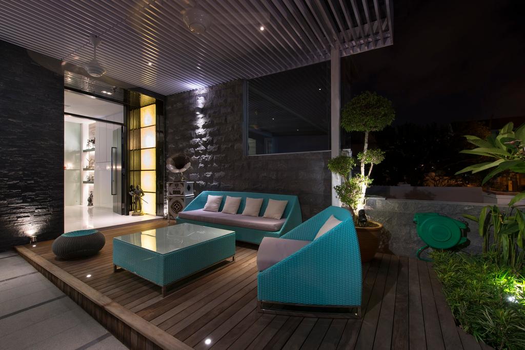Modern, Landed, Balcony, 105 Changi Road, Interior Designer, One Design Werkz, Wooden Flooring, Baby Blue Table, Outdoor Shelter, Baby Blue, Outdoor Chairs, Shelter, Patio, Outdoor Seating