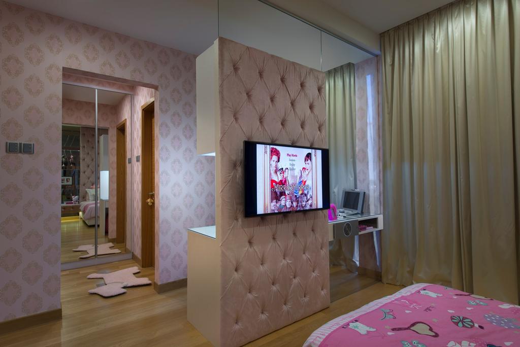 Modern, Landed, Bedroom, 105 Changi Road, Interior Designer, One Design Werkz, Cushioned Partition, Wallpaper, Curtains, Wooden Flooring, Flatscreen Tv Wall Mounted