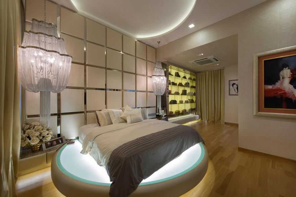 Modern, Landed, Bedroom, 105 Changi Road, Interior Designer, One Design Werkz, Concealed Lighting, Circular Bedroom Design, Bedside Lamp, Platform, Platform Bed, Lighted Platform