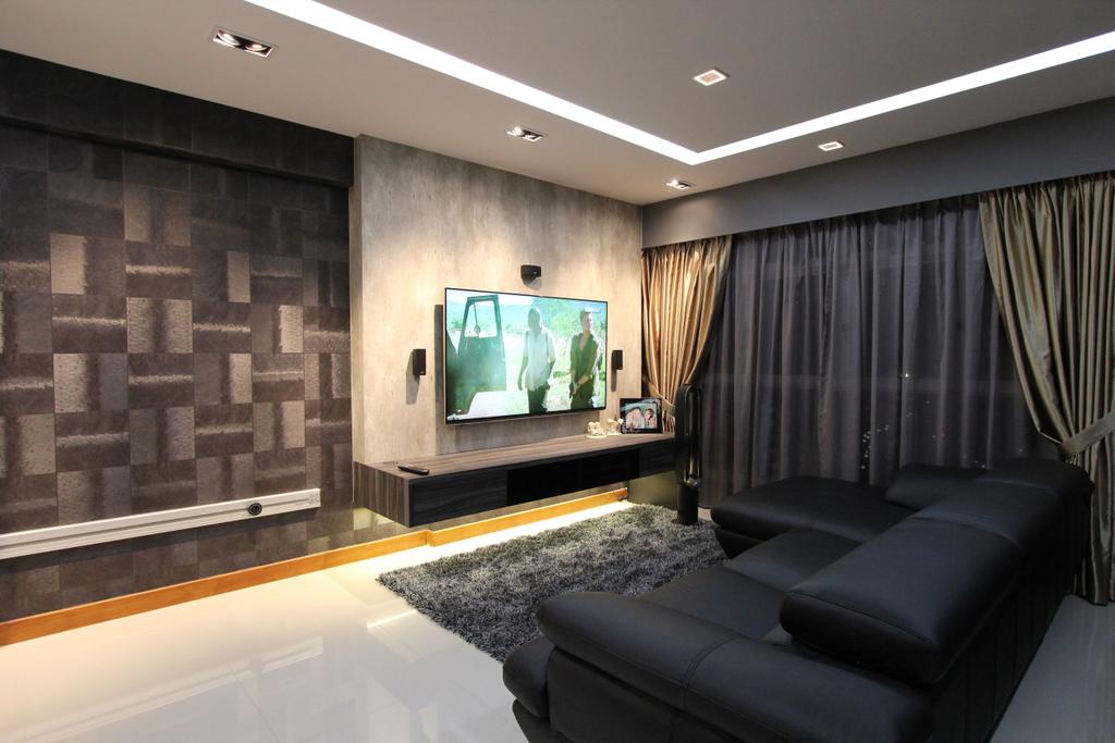 Modern, HDB, Living Room, Punggol, Interior Designer, Beaux Monde, Modern Contemporary Living Room, Sectiona Sofa, , Recessed Lights, Wall Mounted Television, Wooden Panel, Sling Curtain, Rug, Hidden Interior Lighting, Lighting, Couch, Furniture, Indoors, Room