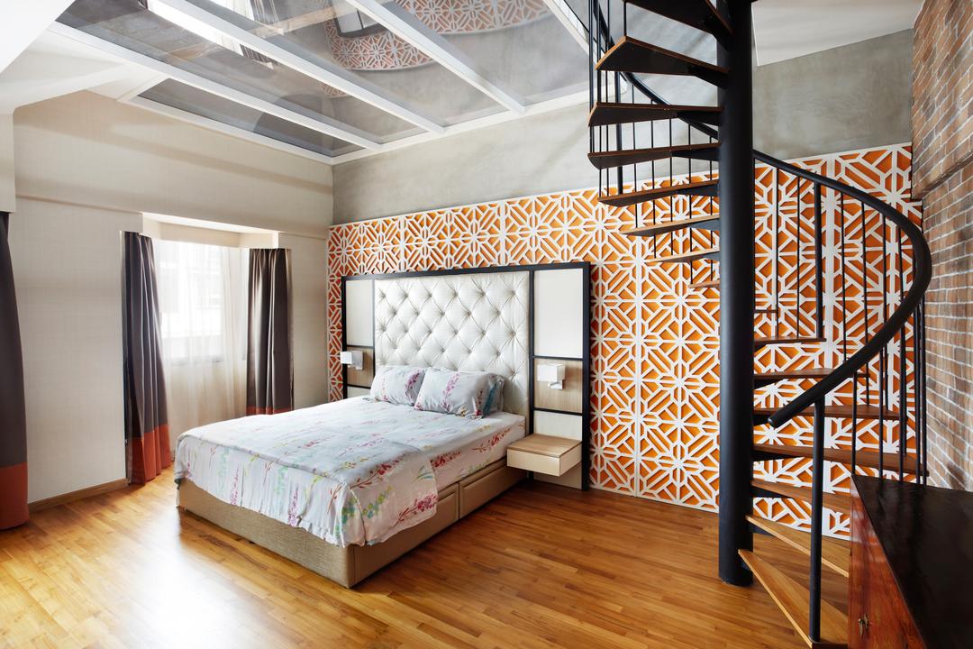 Aroozoo, Free Space Intent, Eclectic, Bedroom, Landed, Spiral, Bed, Furniture, Banister, Handrail, Staircase, Hardwood, Wood
